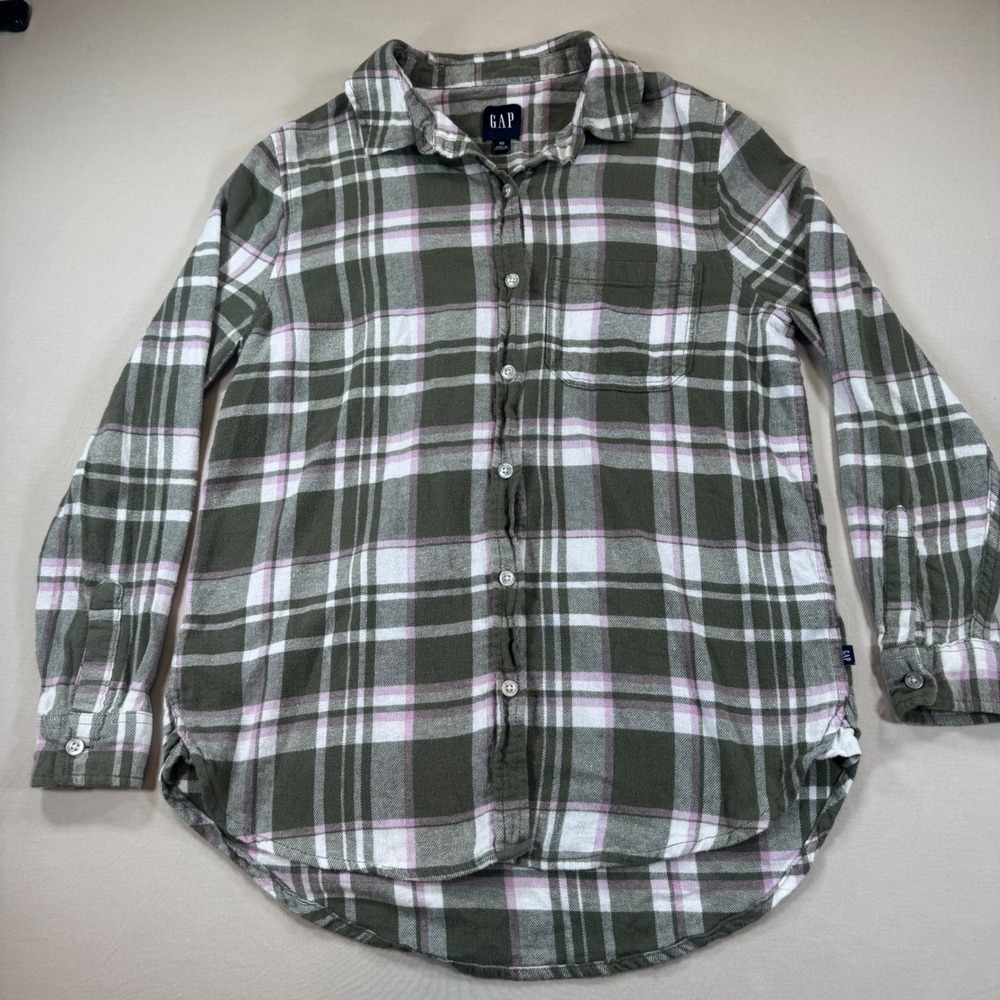Gap Womens XS Plaid Flannel Shirt Olive Green Pink Long Sleeve Button Down